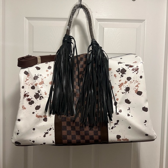 unbranded Handbags - Stylish White and Brown Cow Print with Checkered insert Women's Bag